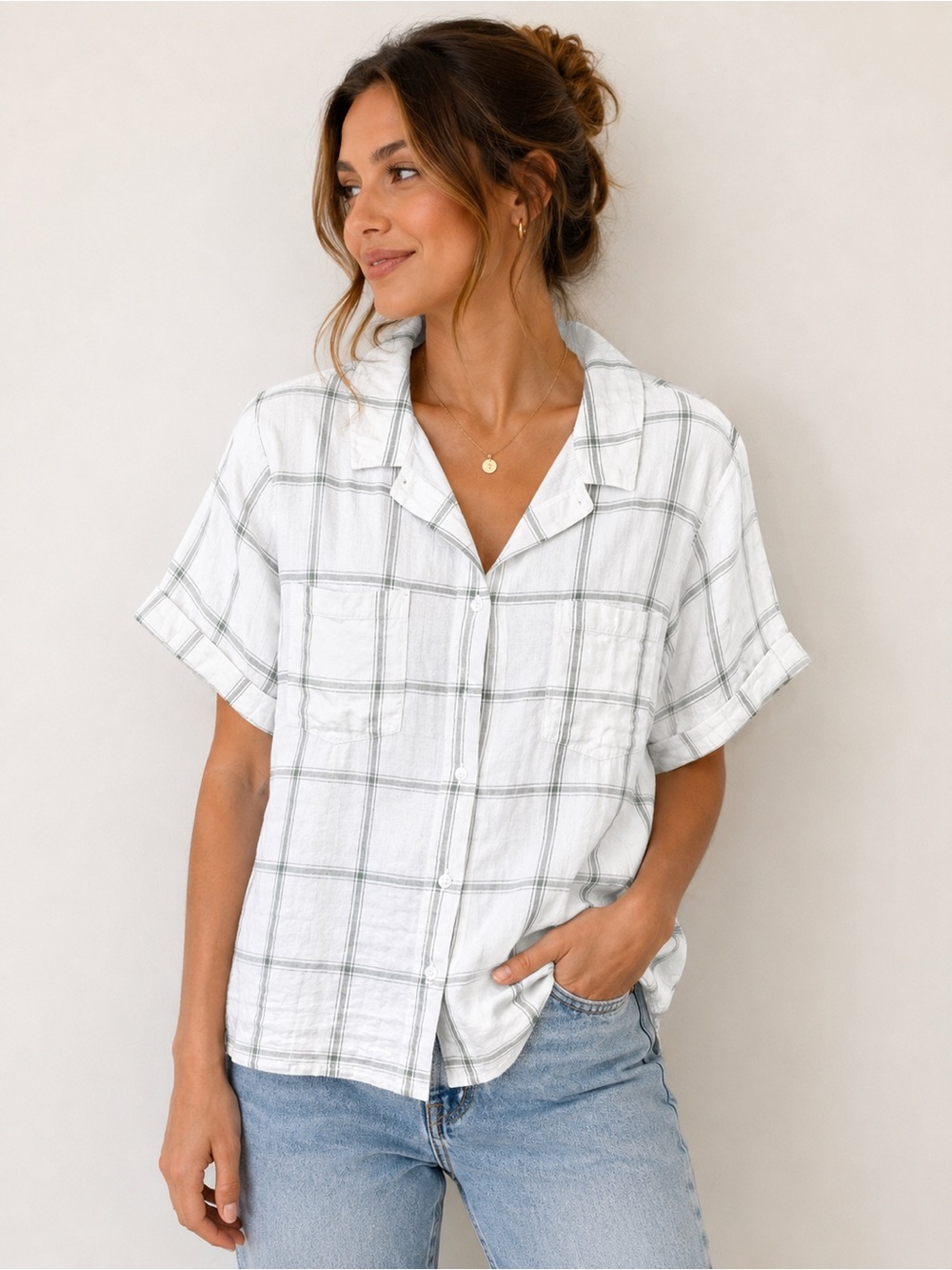 L.L.Bean Plaid Short Sleeve Button Front Shirt Large White Green